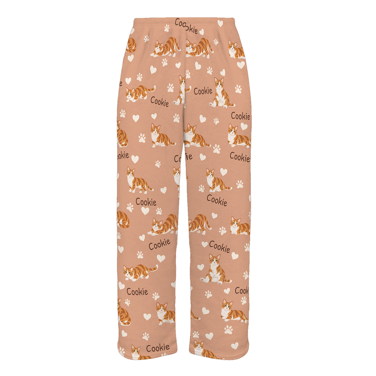 Personalized Munchkin Cat Pajama Pants, Custom Pet Name Fleece Trousers, Cat Lover Gift — Peach full-trouser mockup