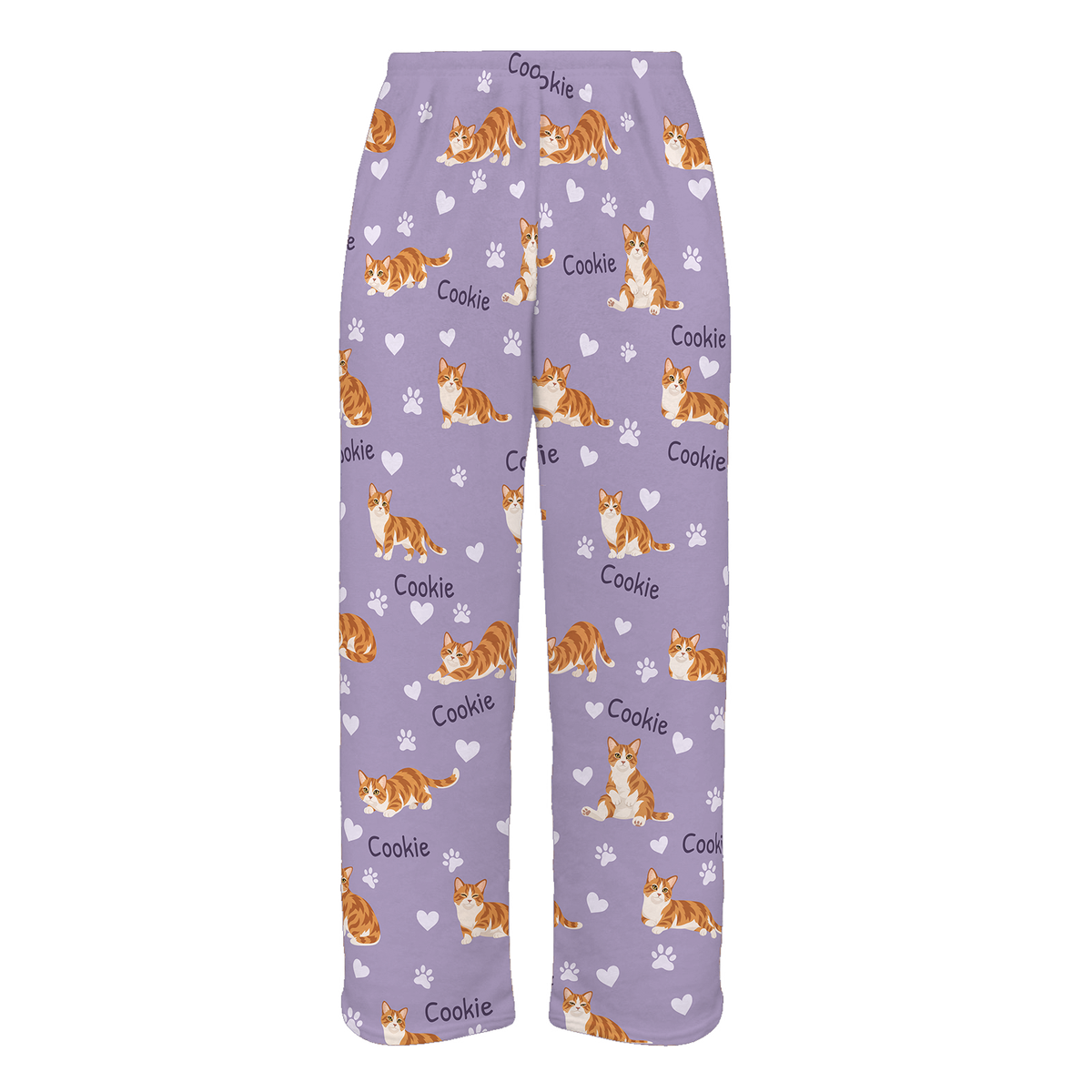 Personalized Munchkin Cat Pajama Pants, Custom Pet Name Fleece Trousers, Cat Lover Gift — Soft Lavender full-trouser mockup