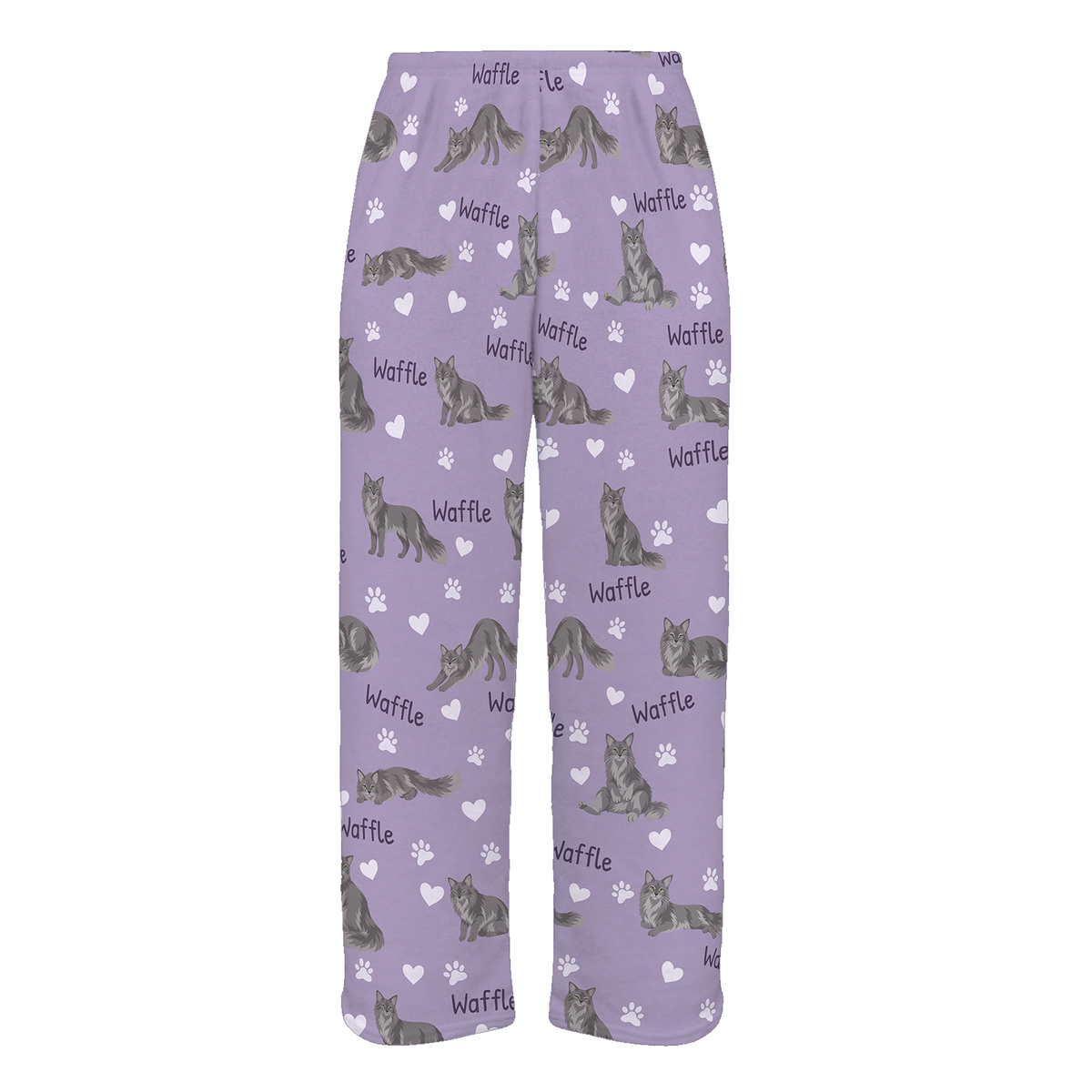 Personalized Nebelung Cat Pajama Pants, Custom Pet Name Fleece Trousers, Cat Lover Gift — Soft Lavender full-trouser mockup
