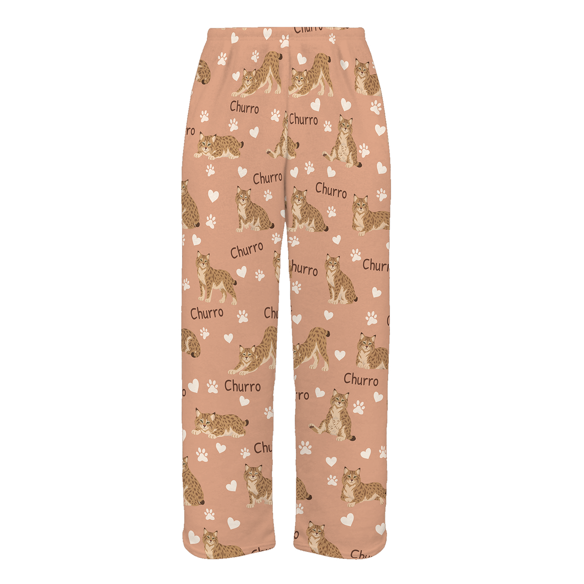 Personalized Pixie bob Cat Pajama Pants, Custom Pet Name Fleece Trousers, Cat Lover Gift — Peach full-trouser mockup
