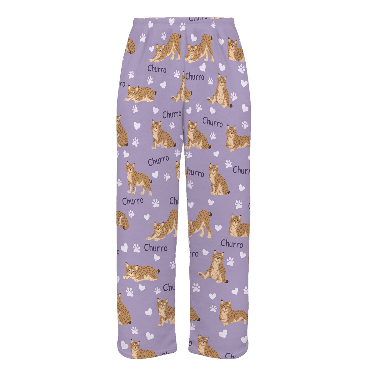 Personalized Pixie bob Cat Pajama Pants, Custom Pet Name Fleece Trousers, Cat Lover Gift — Soft Lavender full-trouser mockup