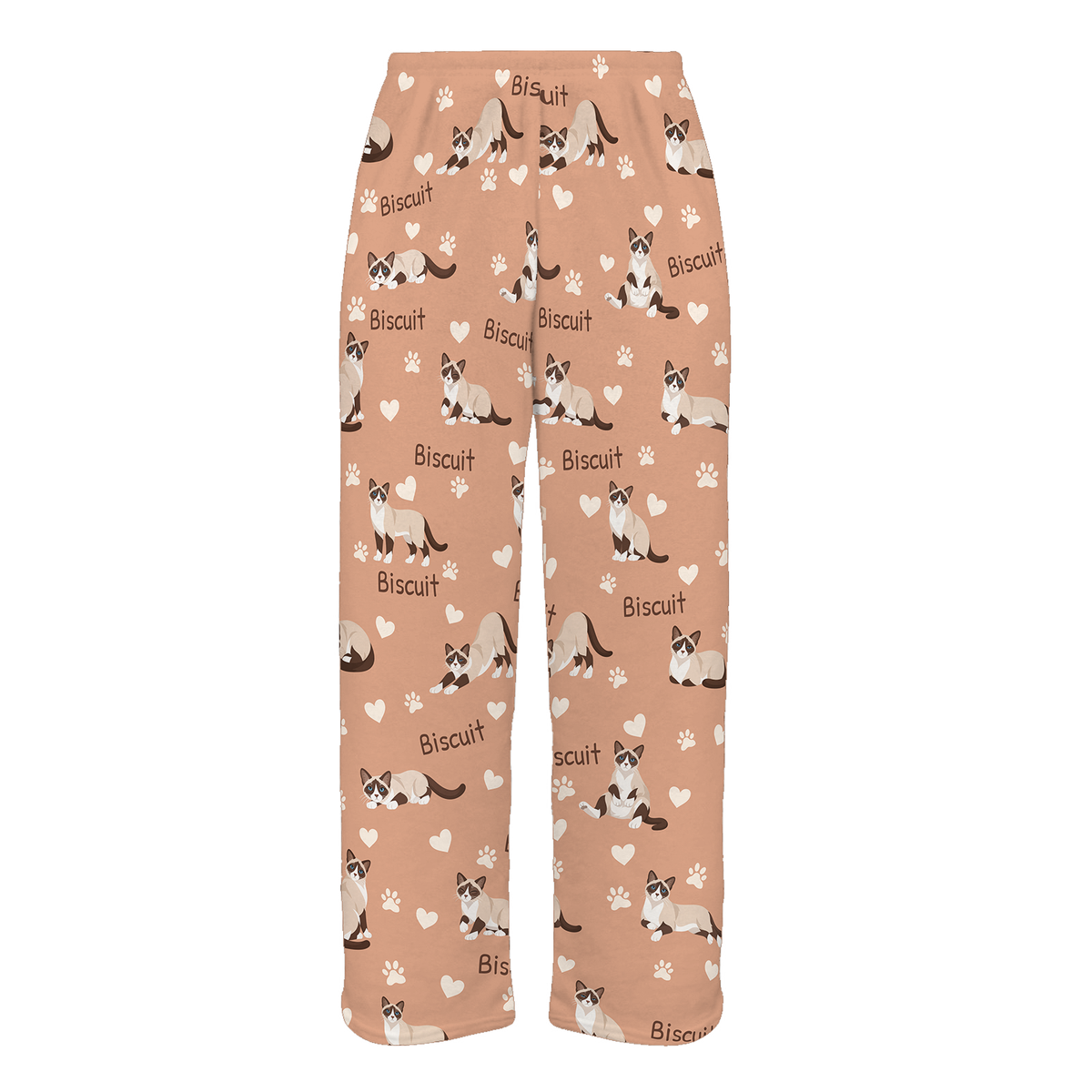 Personalized Snowshoe Cat Pajama Pants, Custom Pet Name Fleece Trousers, Cat Lover Gift — Peach full-trouser mockup