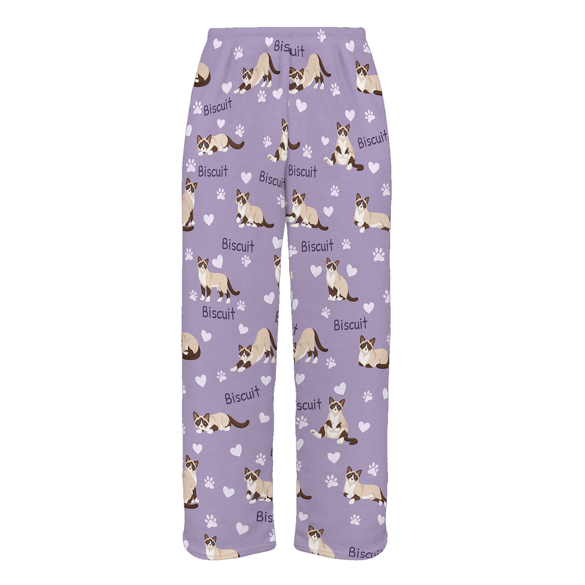 Personalized Snowshoe Cat Pajama Pants, Custom Pet Name Fleece Trousers, Cat Lover Gift — Soft Lavender full-trouser mockup