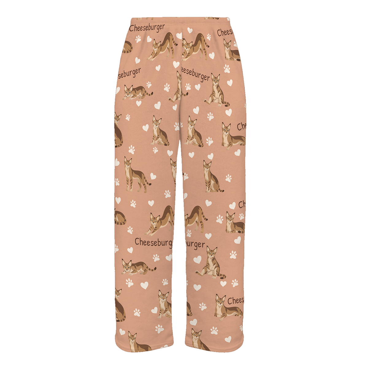 Personalized Chausie Cat Pajama Pants, Custom Pet Name Fleece Trousers, Cat Lover Gift — Peach full-trouser mockup