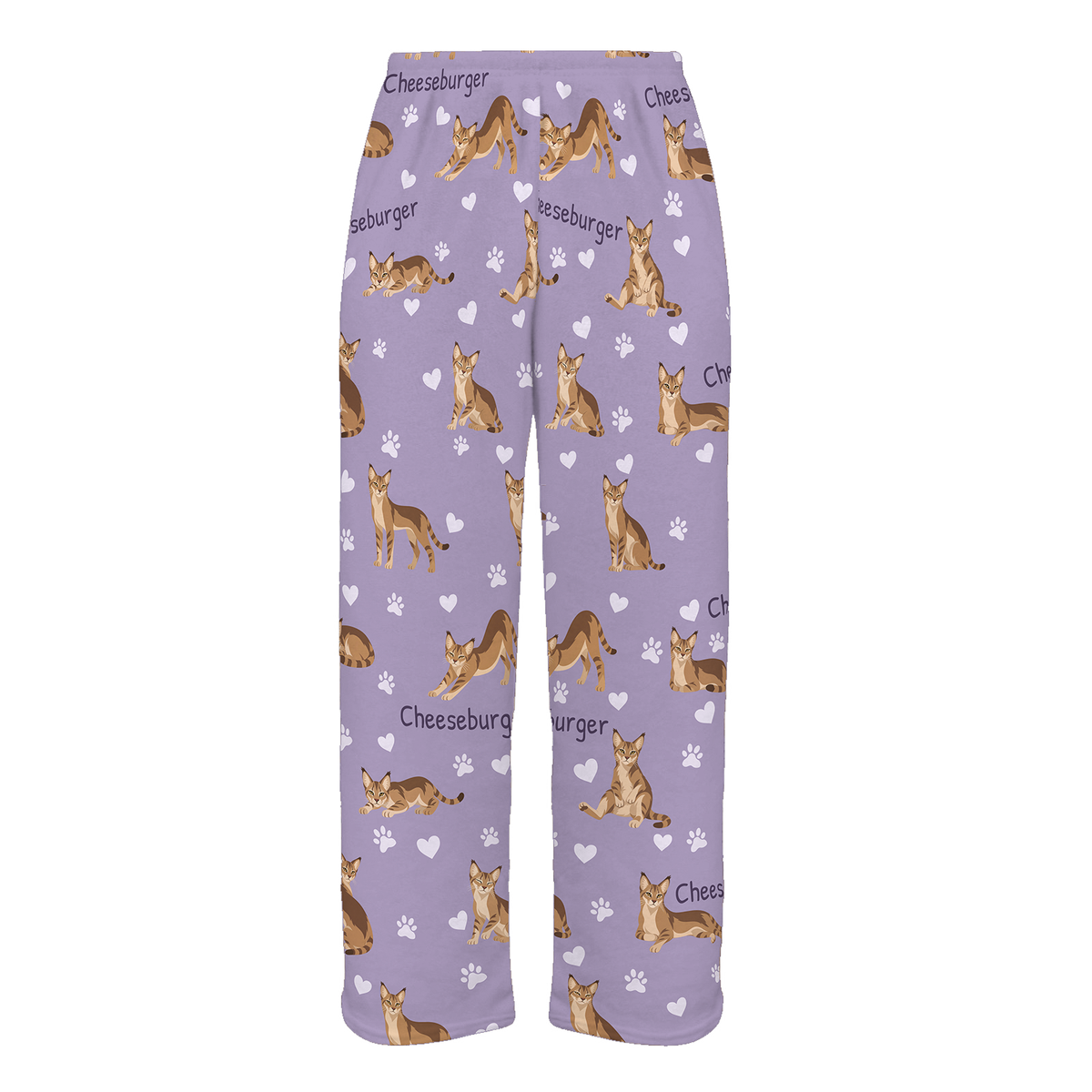 Personalized Chausie Cat Pajama Pants, Custom Pet Name Fleece Trousers, Cat Lover Gift — Soft Lavender full-trouser mockup