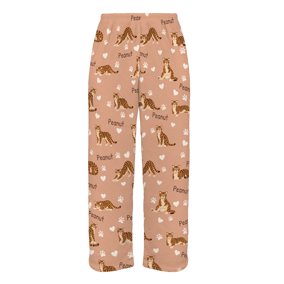 Personalized Toyger Cat Pajama Pants, Custom Pet Name Fleece Trousers, Cat Lover Gift — Peach full-trouser mockup