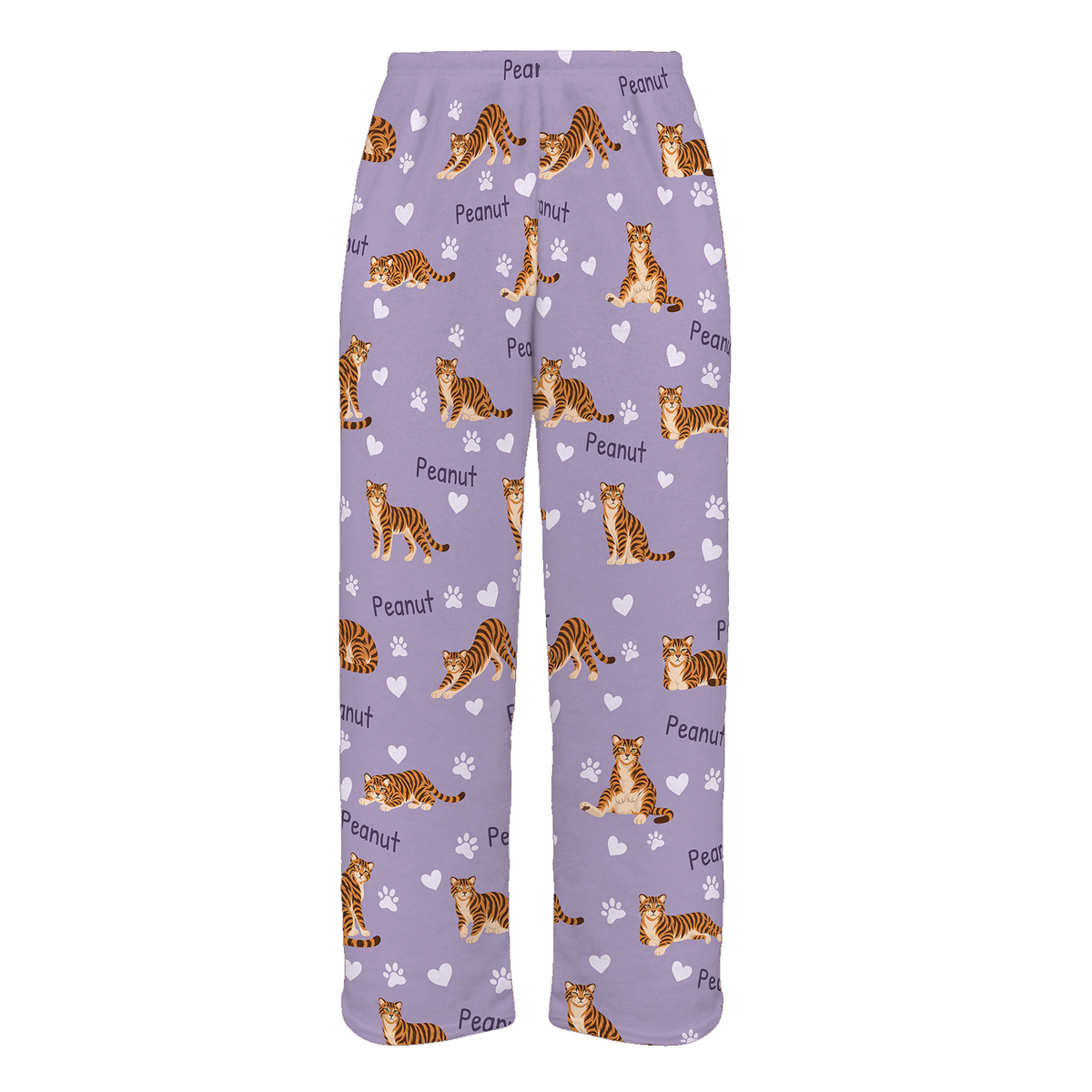 Personalized Toyger Cat Pajama Pants, Custom Pet Name Fleece Trousers, Cat Lover Gift — Soft Lavender full-trouser mockup