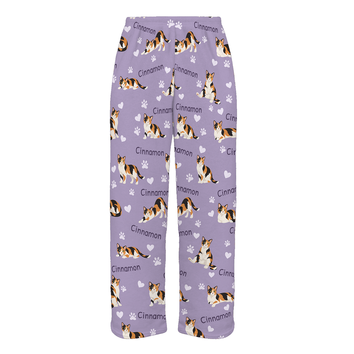 Personalized Domestic Shorthair Cat Pajama Pants, Custom Pet Name Fleece Trousers, Cat Lover Gift — Soft Lavender full-trouser mockup