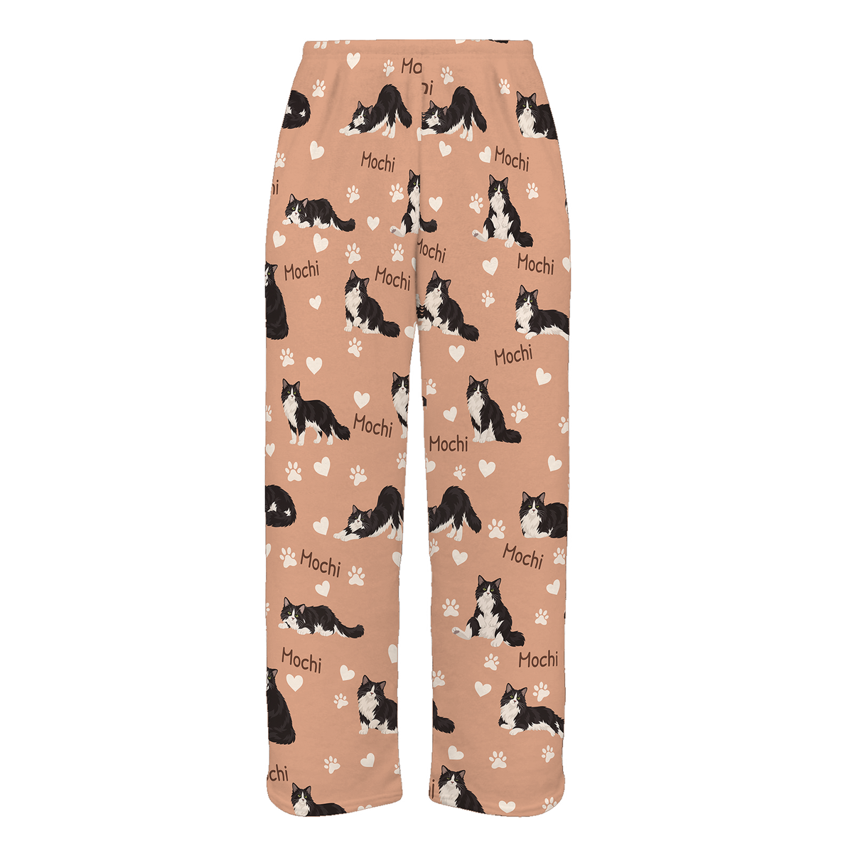 Personalized Domestic Longhair Cat Pajama Pants, Custom Pet Name Fleece Trousers, Cat Lover Gift — Peach full-trouser mockup