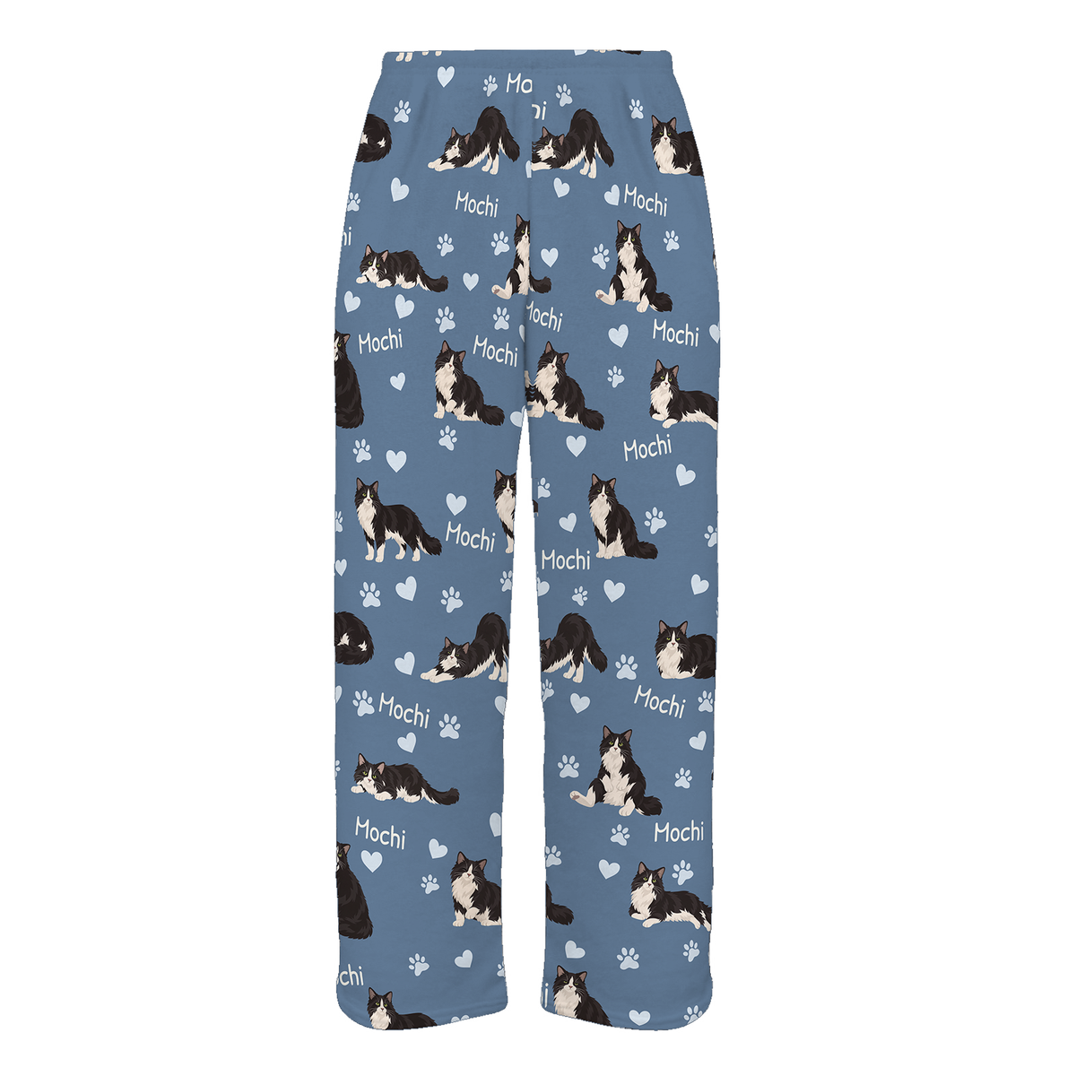 Personalized Domestic Longhair Cat Pajama Pants, Custom Pet Name Fleece Trousers, Cat Lover Gift — Slate Blue full-trouser mockup