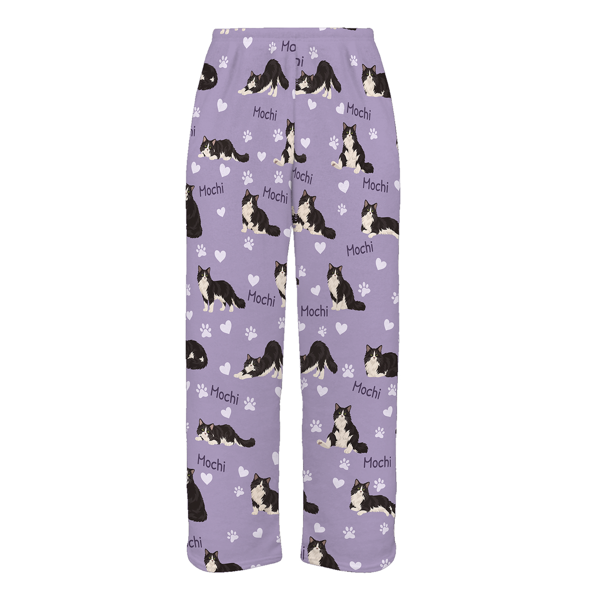 Personalized Domestic Longhair Cat Pajama Pants, Custom Pet Name Fleece Trousers, Cat Lover Gift — Soft Lavender full-trouser mockup
