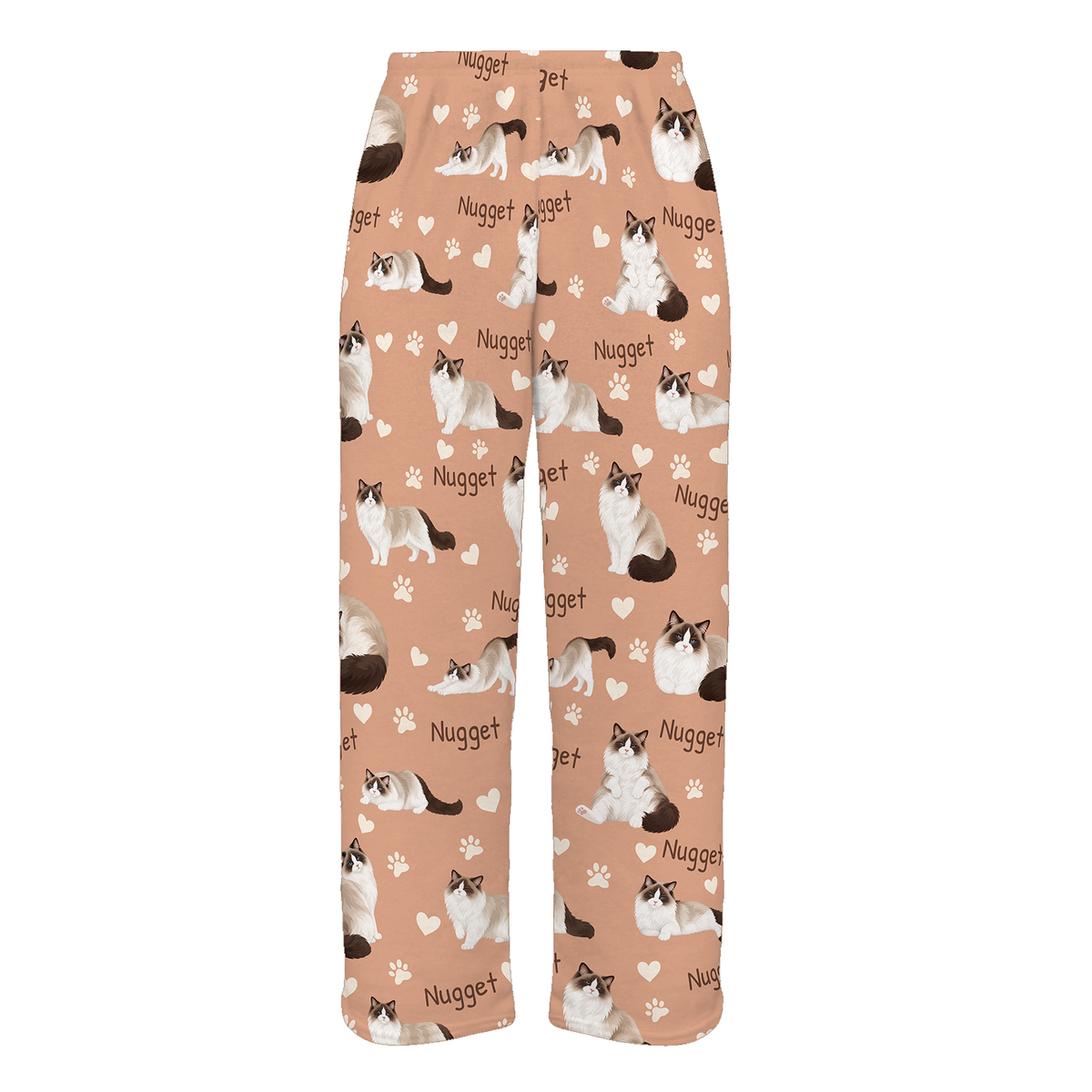 Personalized Ragdoll Seal Bicolor Cat Pajama Pants, Custom Pet Name Fleece Trousers — Peach full-trouser mockup