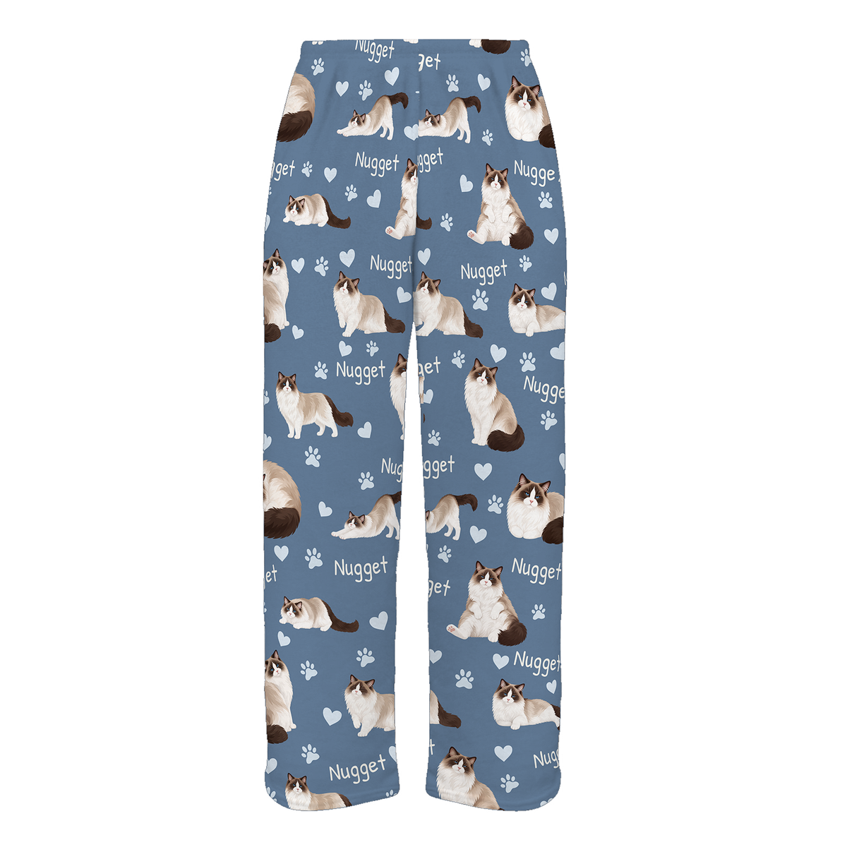 Personalized Ragdoll Seal Bicolor Cat Pajama Pants, Custom Pet Name Fleece Trousers — Slate Blue full-trouser mockup