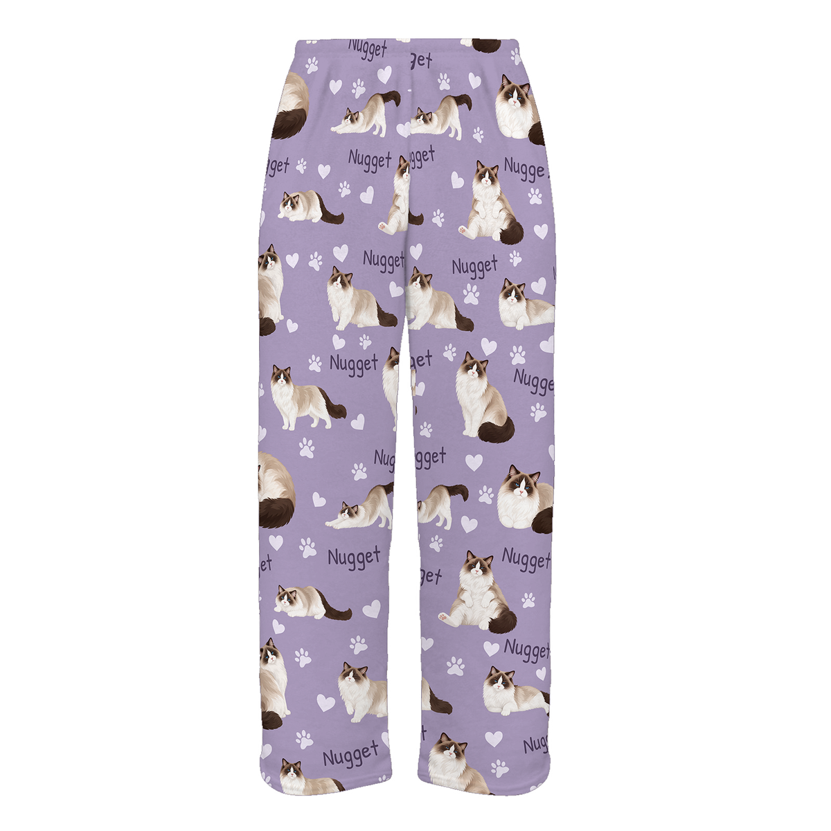 Personalized Ragdoll Seal Bicolor Cat Pajama Pants, Custom Pet Name Fleece Trousers — Soft Lavender full-trouser mockup
