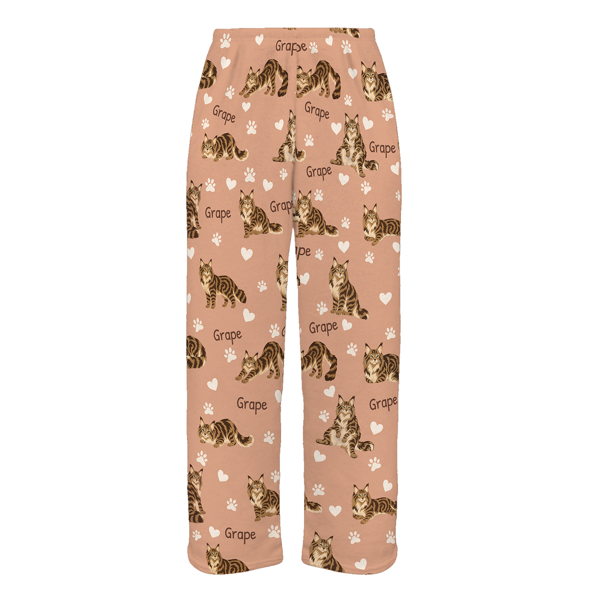 Personalized Maine Coon Brown Classic Tabby Cat Pajama Pants, Custom Pet Name Fleece Trousers — Peach full-trouser mockup