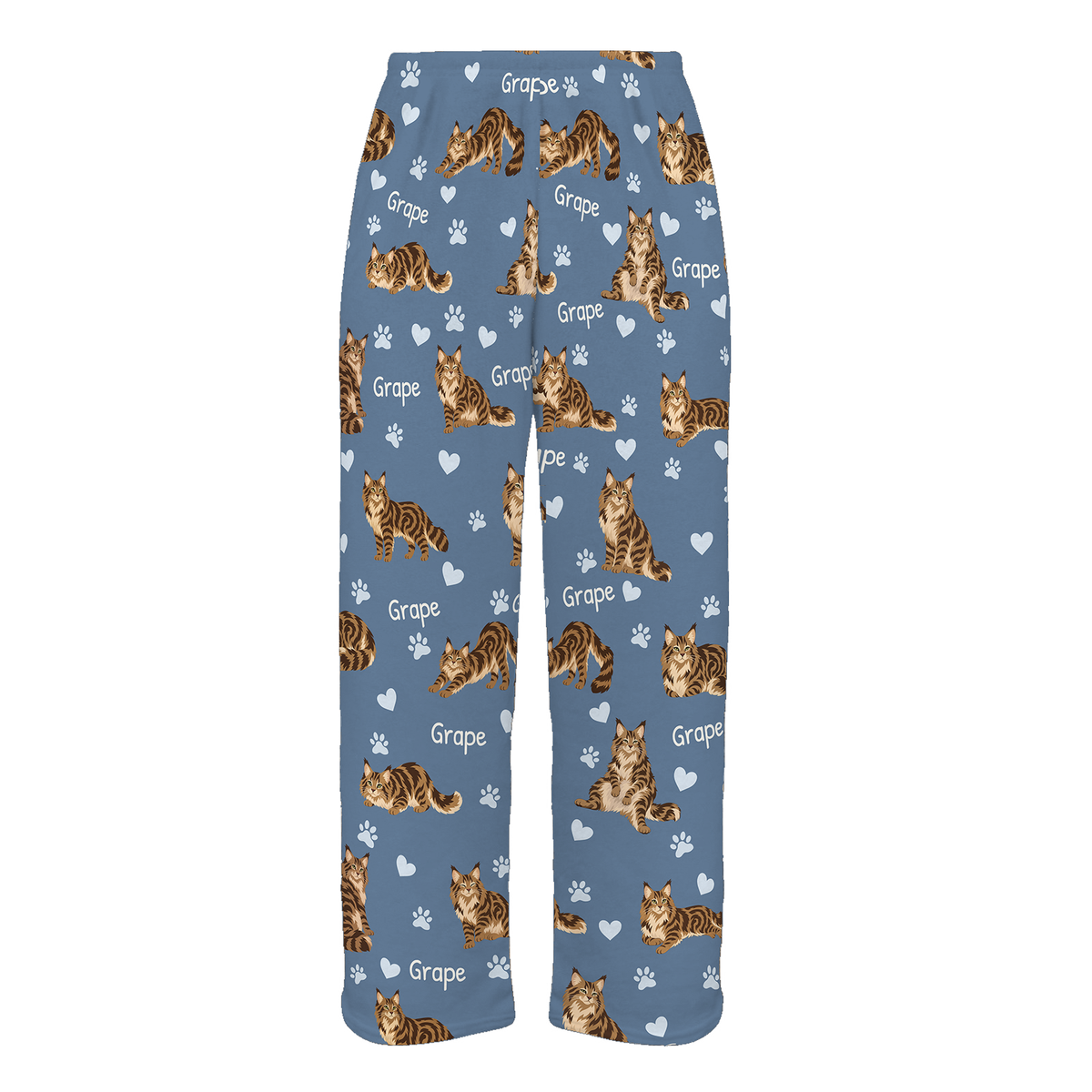 Personalized Maine Coon Brown Classic Tabby Cat Pajama Pants, Custom Pet Name Fleece Trousers — Slate Blue full-trouser mockup