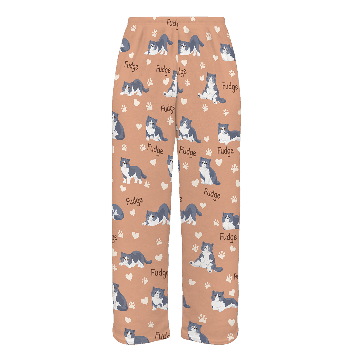 Personalized Exotic Shorthair Blue And White Bicolor Cat Pajama Pants, Custom Pet Name Fleece Trousers — Peach full-trouser mockup