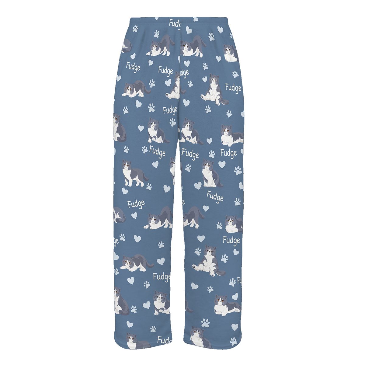 Personalized Exotic Shorthair Blue And White Bicolor Cat Pajama Pants, Custom Pet Name Fleece Trousers — Slate Blue full-trouser mockup