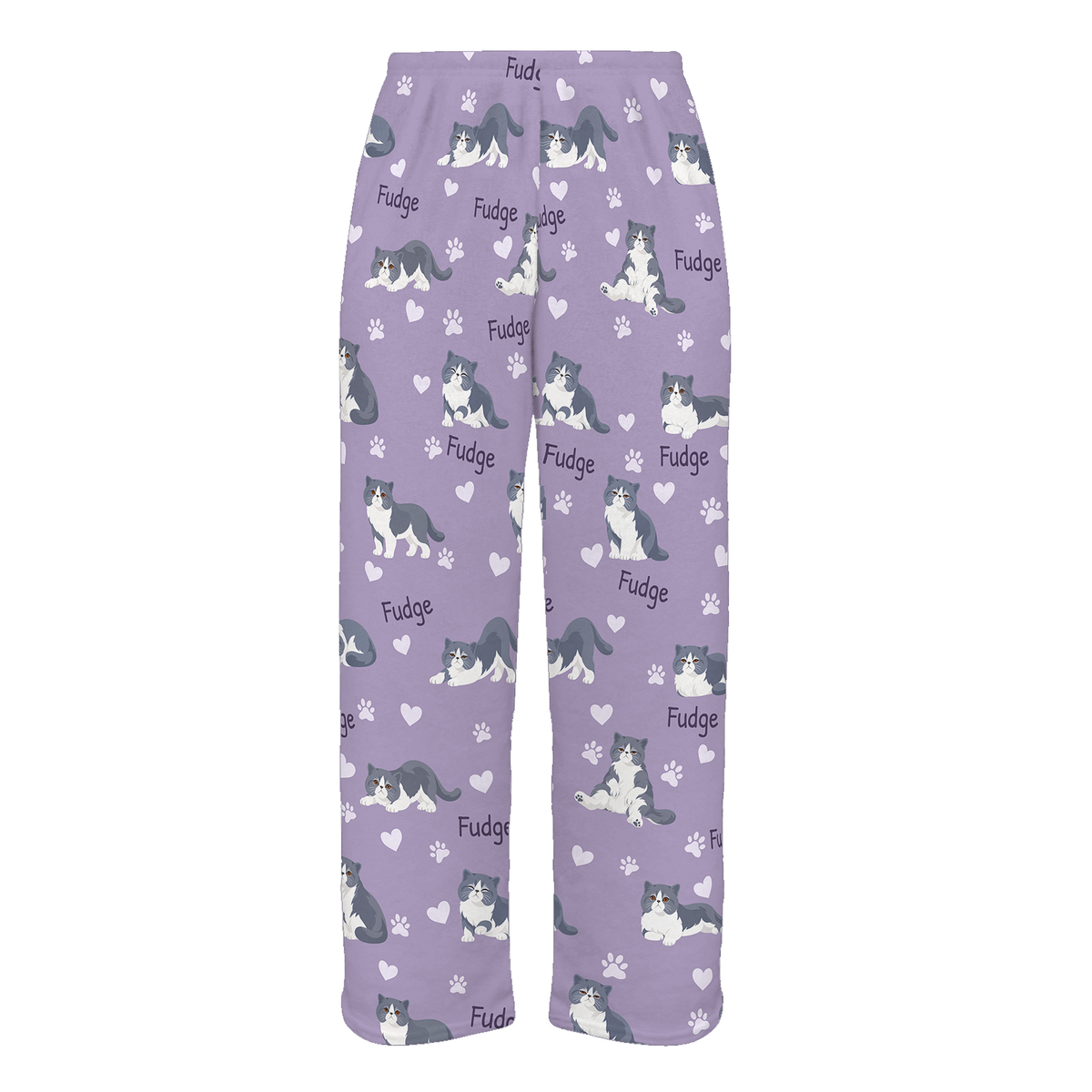 Personalized Exotic Shorthair Blue And White Bicolor Cat Pajama Pants, Custom Pet Name Fleece Trousers — Soft Lavender full-trouser mockup