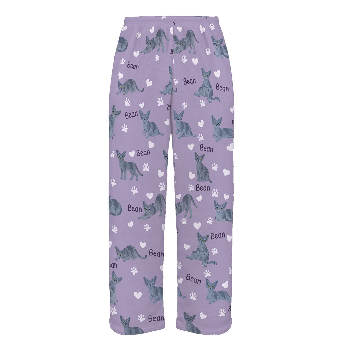 Personalized Devon Rex Blue Cat Pajama Pants, Custom Pet Name Fleece Trousers — Soft Lavender full-trouser mockup