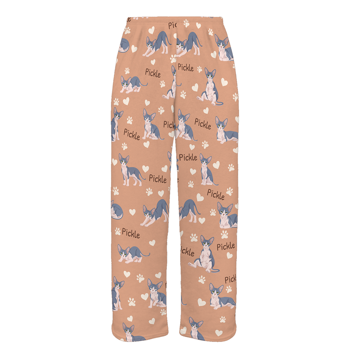 Personalized Sphynx Blue And White Skin Pigmentation Cat Pajama Pants, Custom Pet Name Fleece Trousers — Peach full-trouser mockup