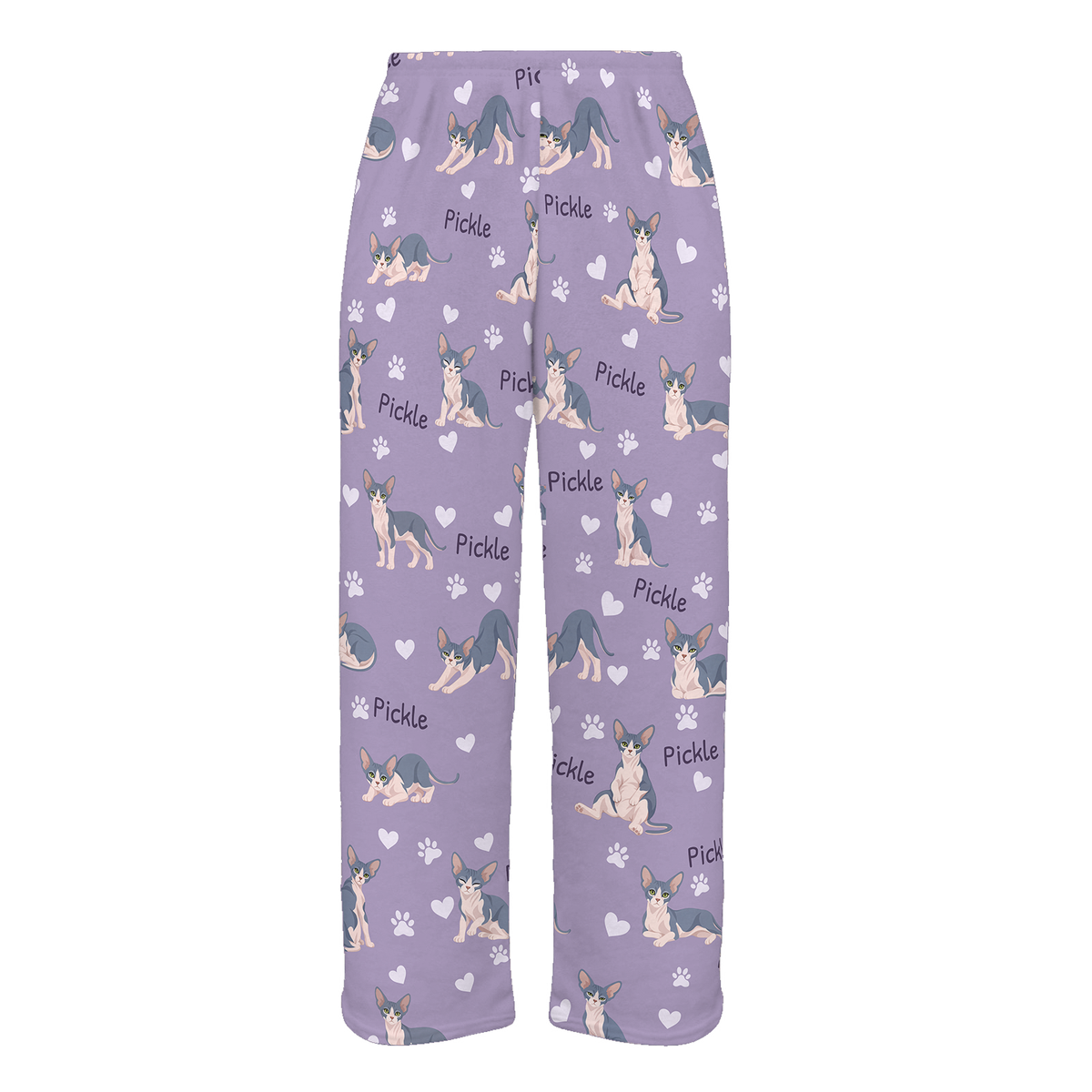 Personalized Sphynx Blue And White Skin Pigmentation Cat Pajama Pants, Custom Pet Name Fleece Trousers — Soft Lavender full-trouser mockup