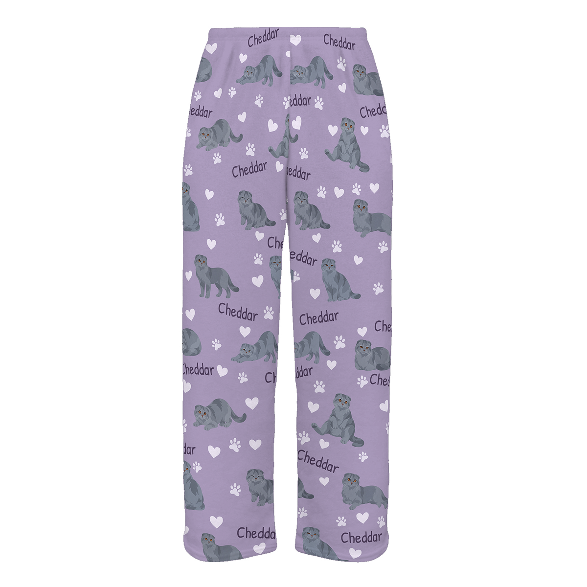 Personalized Scottish Fold Solid Blue Gray Cat Pajama Pants, Custom Pet Name Fleece Trousers — Soft Lavender full-trouser mockup