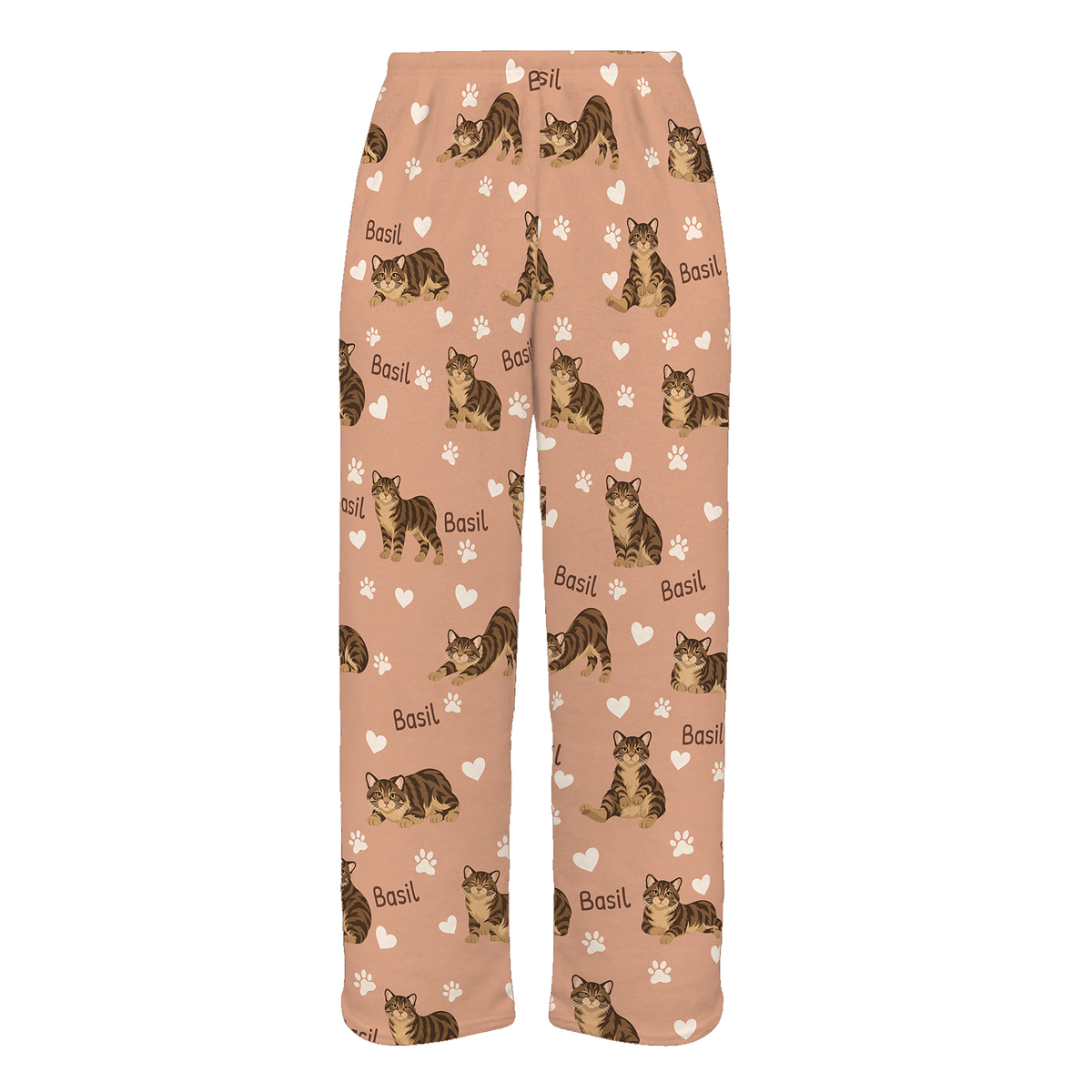 Personalized Manx Brown Tabby Cat Pajama Pants, Custom Pet Name Fleece Trousers — Peach full-trouser mockup