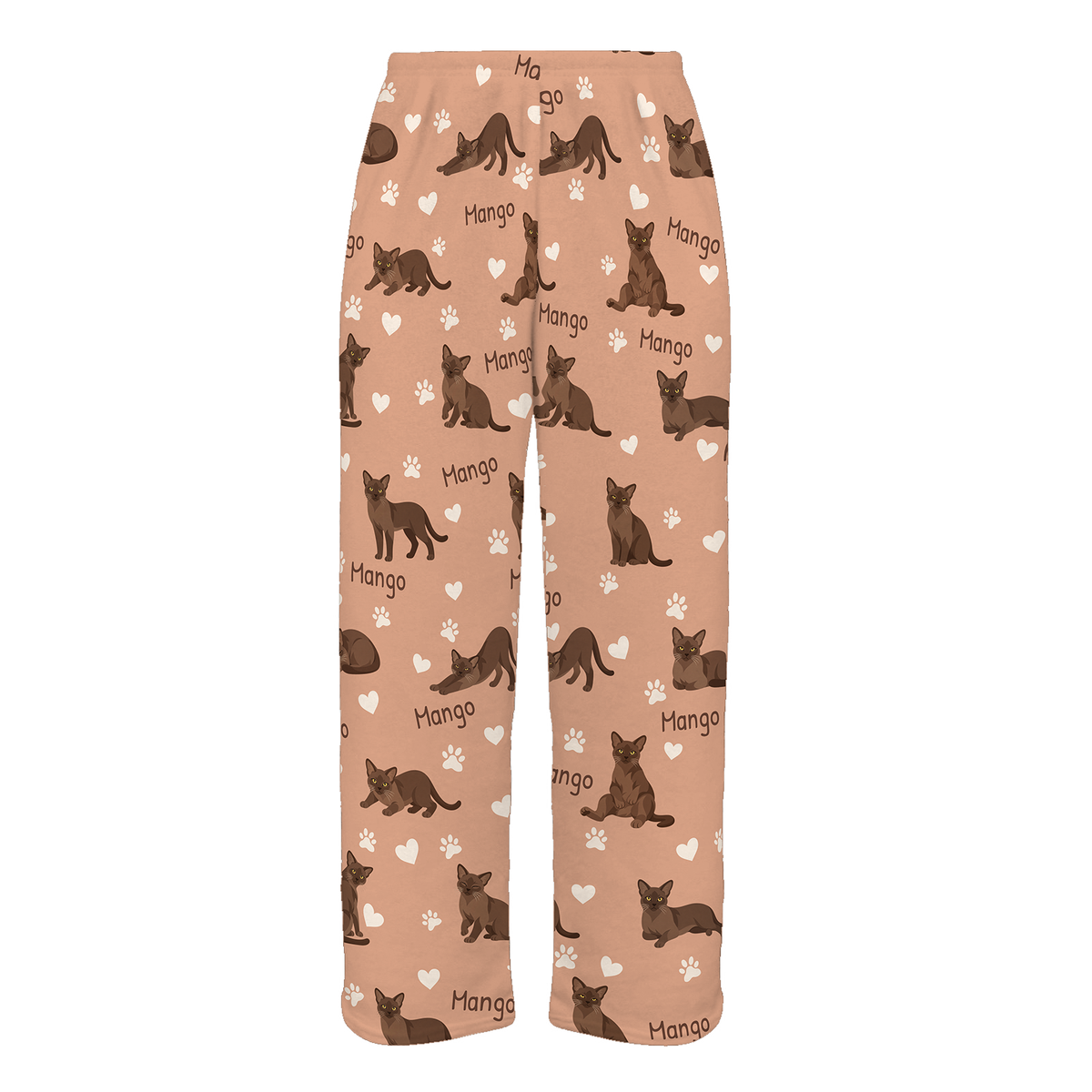 Personalized European Burmese Warm Brown Cat Pajama Pants, Custom Pet Name Fleece Trousers — Peach full-trouser mockup