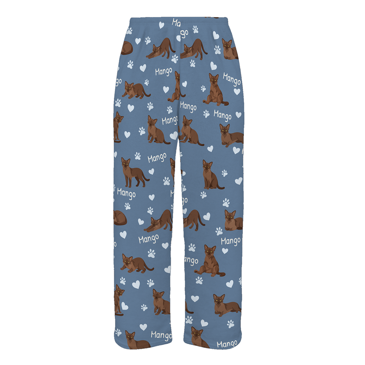 Personalized European Burmese Warm Brown Cat Pajama Pants, Custom Pet Name Fleece Trousers — Slate Blue full-trouser mockup