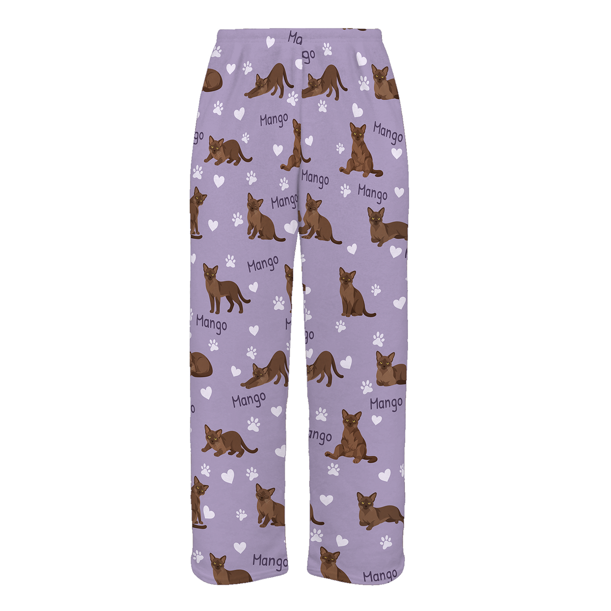 Personalized European Burmese Warm Brown Cat Pajama Pants, Custom Pet Name Fleece Trousers — Soft Lavender full-trouser mockup