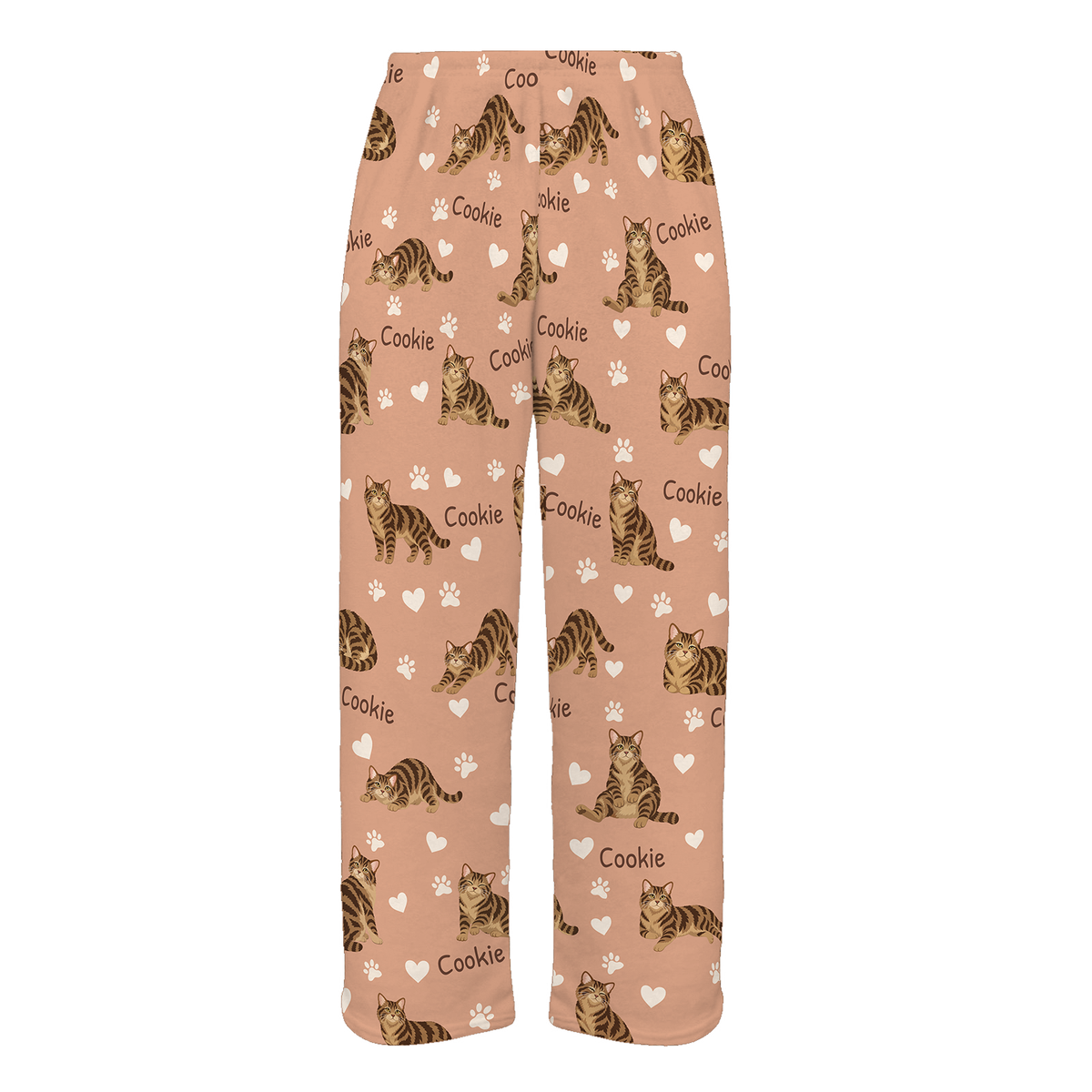 Personalized American Wirehair Brown Tabby Cat Pajama Pants, Custom Pet Name Fleece Trousers — Peach full-trouser mockup