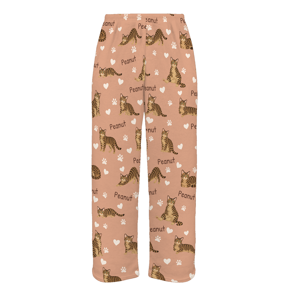 Personalized Domestic Shorthair Brown Mackerel Tabby Cat Pajama Pants, Custom Pet Name Fleece Trousers — Peach full-trouser mockup