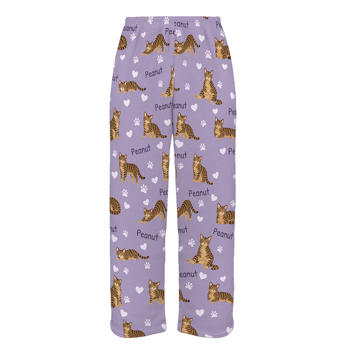 Personalized Domestic Shorthair Brown Mackerel Tabby Cat Pajama Pants, Custom Pet Name Fleece Trousers — Soft Lavender full-trouser mockup