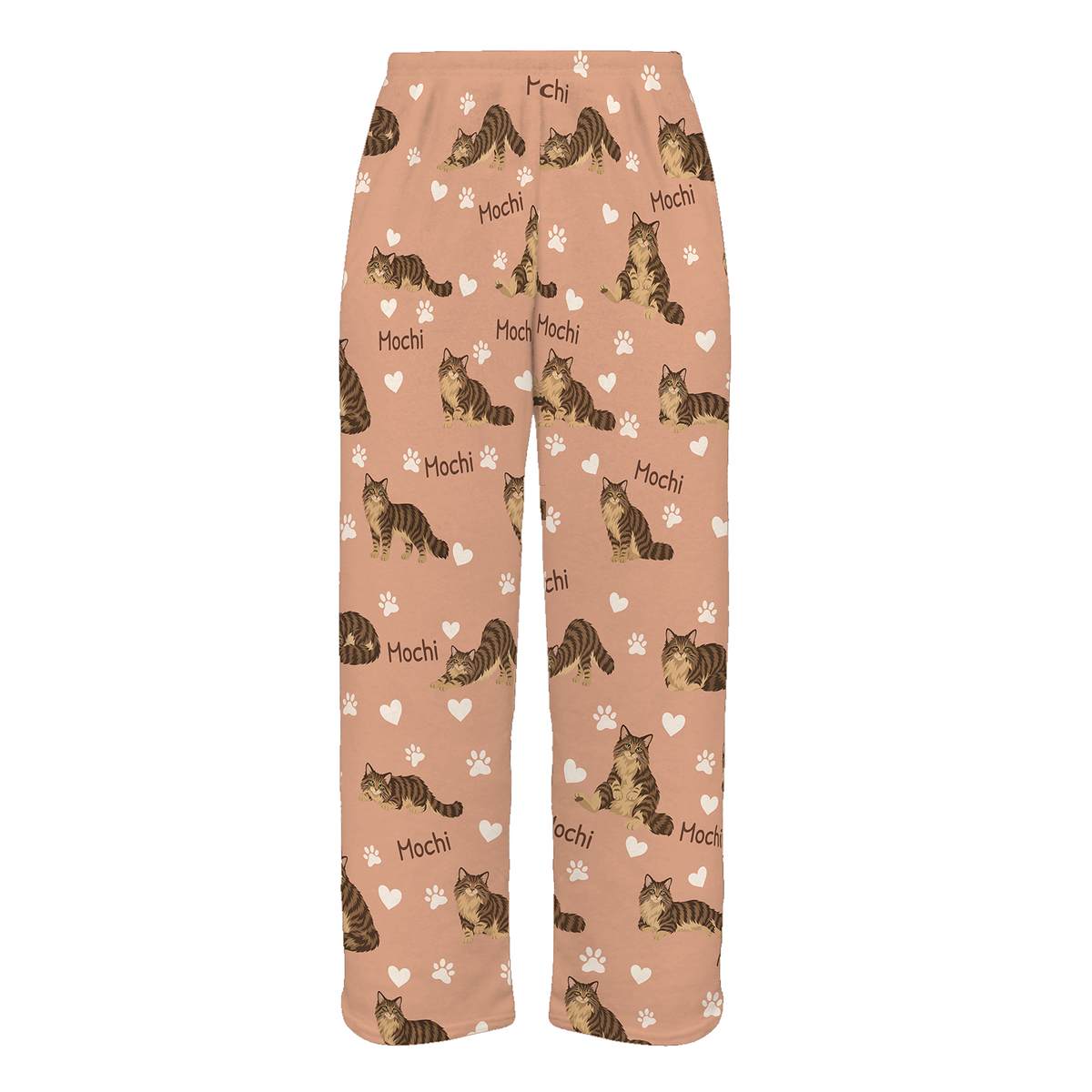 Personalized Domestic Longhair Brown Mackerel Tabby Cat Pajama Pants, Custom Pet Name Fleece Trousers — Peach full-trouser mockup