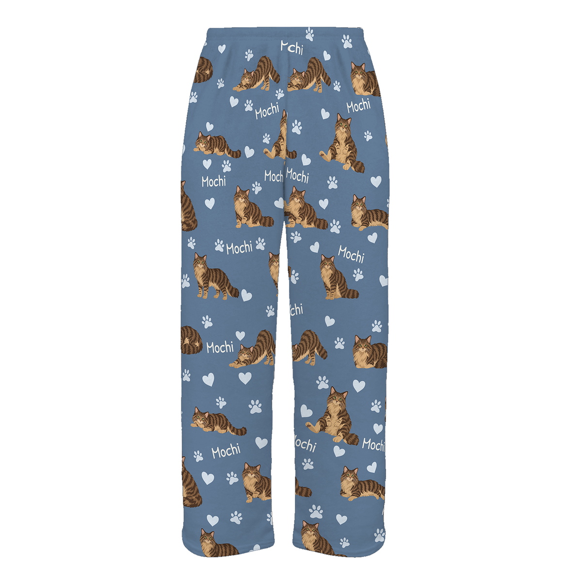 Personalized Domestic Longhair Brown Mackerel Tabby Cat Pajama Pants, Custom Pet Name Fleece Trousers — Slate Blue full-trouser mockup