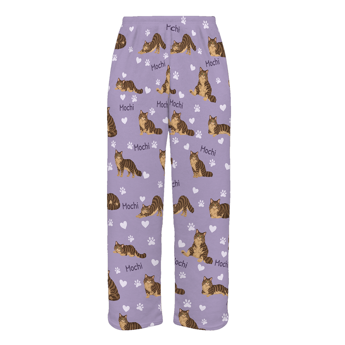 Personalized Domestic Longhair Brown Mackerel Tabby Cat Pajama Pants, Custom Pet Name Fleece Trousers — Soft Lavender full-trouser mockup