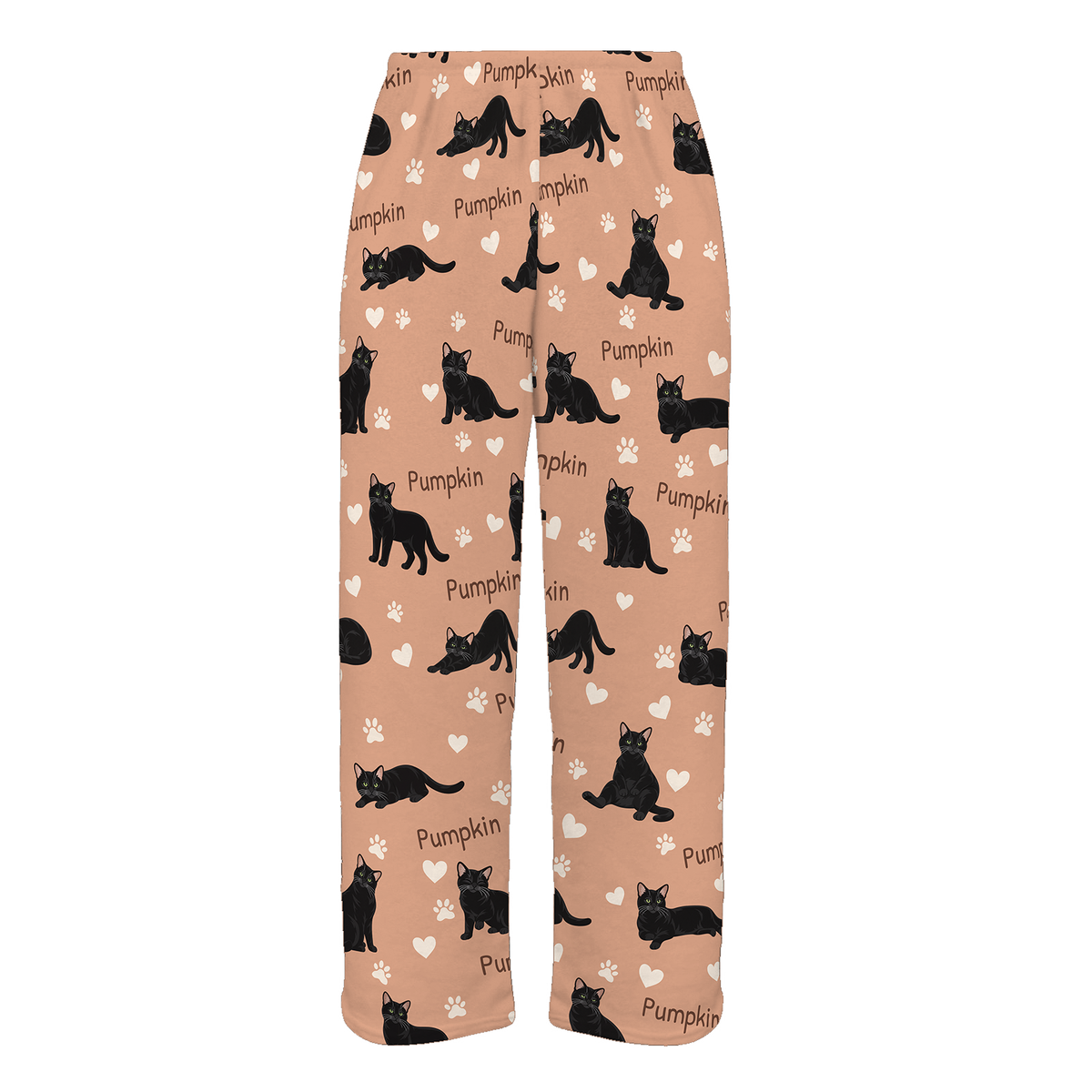 Personalized Domestic Shorthair Black Cat Pajama Pants, Custom Pet Name Fleece Trousers — Peach full-trouser mockup