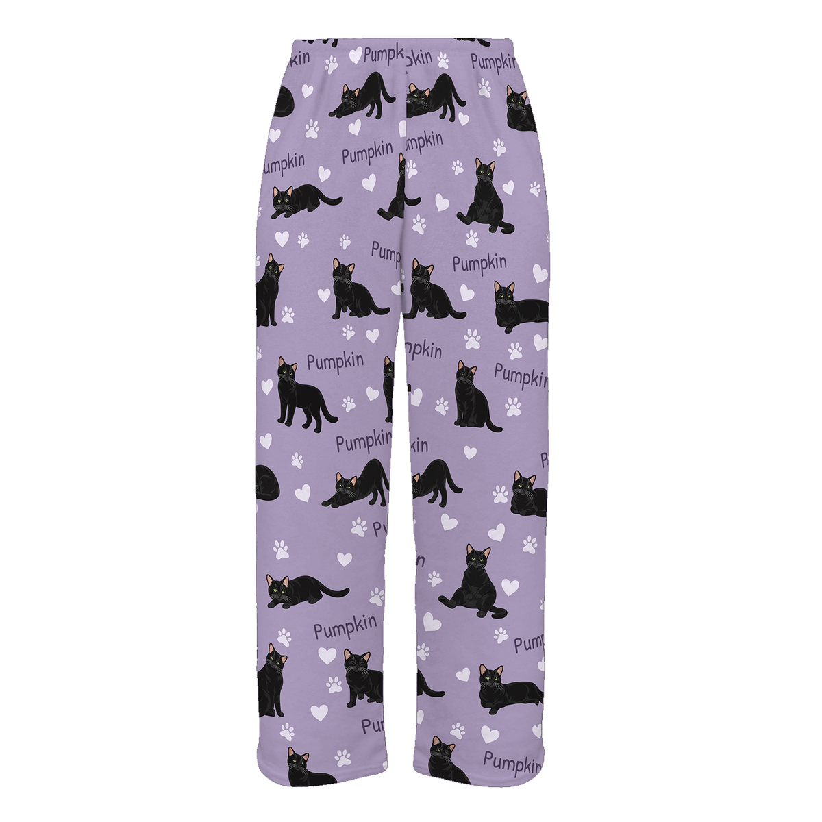 Personalized Domestic Shorthair Black Cat Pajama Pants, Custom Pet Name Fleece Trousers — Soft Lavender full-trouser mockup