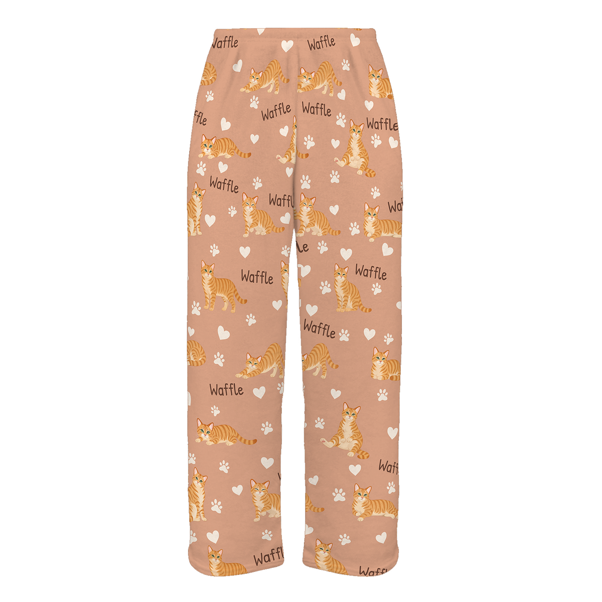 Personalized Domestic Shorthair Orange Cat Pajama Pants, Custom Pet Name Fleece Trousers — Peach full-trouser mockup