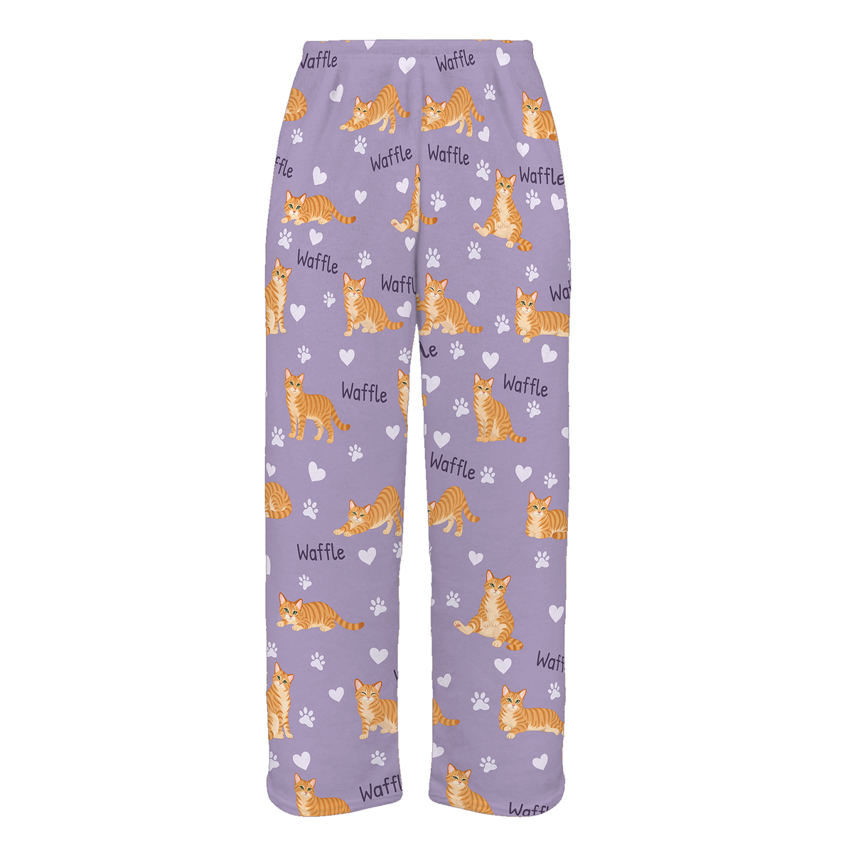 Personalized Domestic Shorthair Orange Cat Pajama Pants, Custom Pet Name Fleece Trousers — Soft Lavender full-trouser mockup