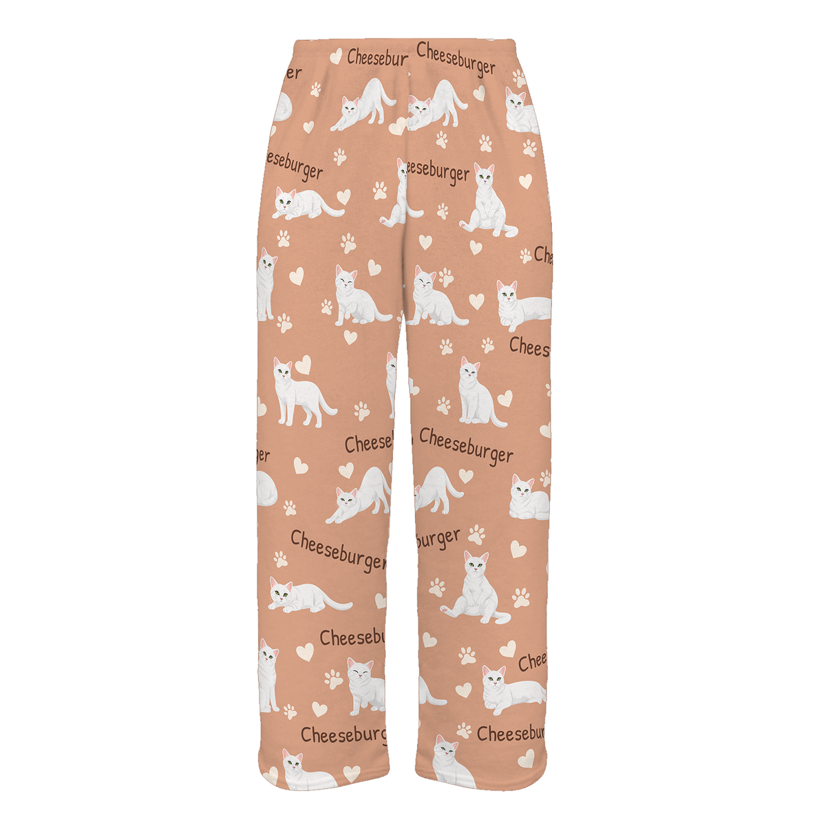 Personalized White Cat Pajama Pants, Custom Pet Name Fleece Trousers — Peach full-trouser mockup