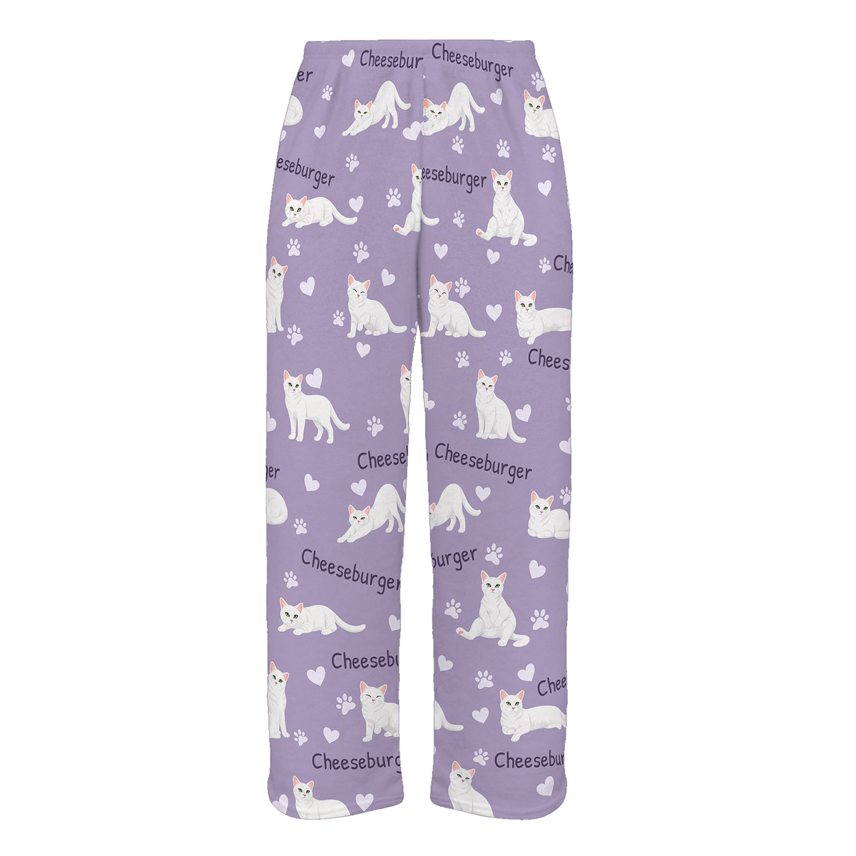 Personalized White Cat Pajama Pants, Custom Pet Name Fleece Trousers — Soft Lavender full-trouser mockup