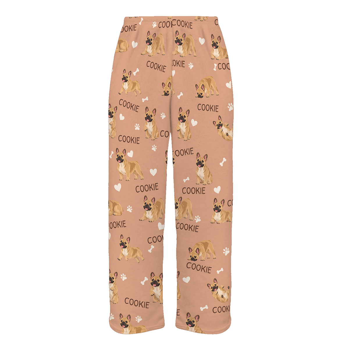 Personalized French Bulldog Pajama Pants, Custom Pet Name Fleece Trousers, Dog Lover Gift — Peach full-trouser mockup