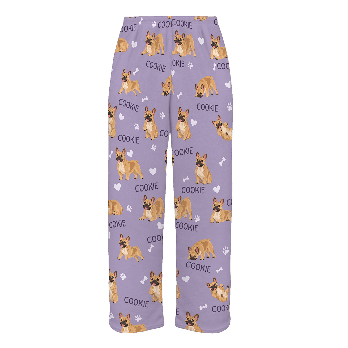 Personalized French Bulldog Pajama Pants, Custom Pet Name Fleece Trousers, Dog Lover Gift — Soft Lavender full-trouser mockup