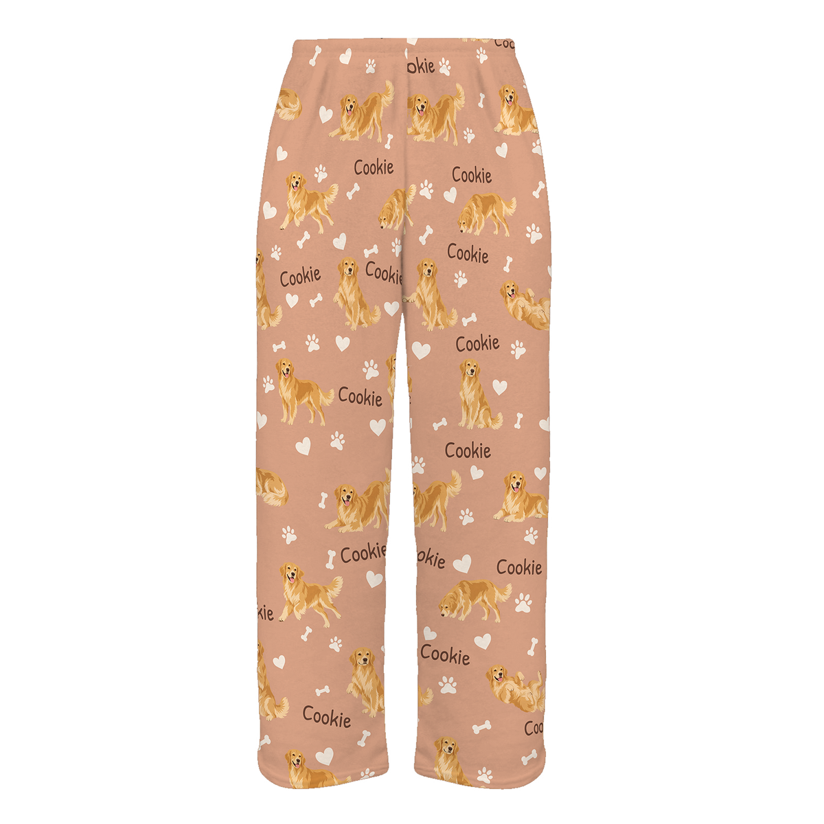Personalized Golden Retriever Pajama Pants, Custom Pet Name Fleece Trousers, Dog Lover Gift — Peach full-trouser mockup