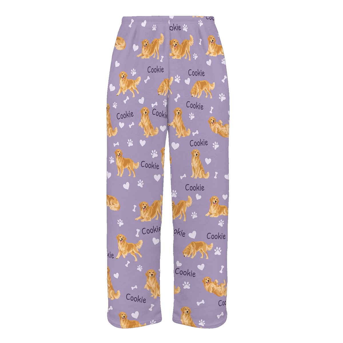 Personalized Golden Retriever Pajama Pants, Custom Pet Name Fleece Trousers, Dog Lover Gift — Soft Lavender full-trouser mockup