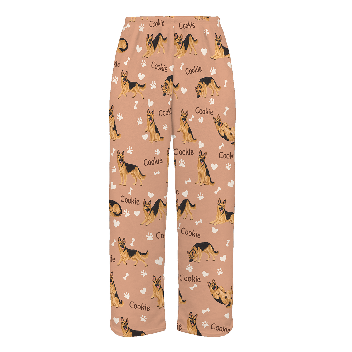 Personalized German Shepherd Dog Pajama Pants, Custom Pet Name Fleece Trousers, Dog Lover Gift — Peach full-trouser mockup