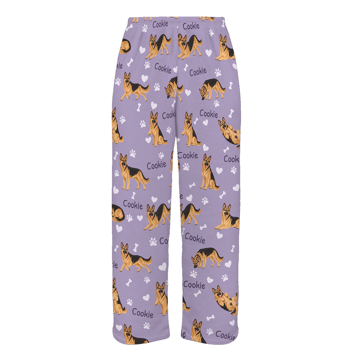 Personalized German Shepherd Dog Pajama Pants, Custom Pet Name Fleece Trousers, Dog Lover Gift — Soft Lavender full-trouser mockup