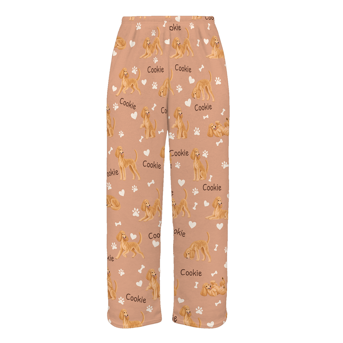 Personalized Poodle Pajama Pants, Custom Pet Name Fleece Trousers, Dog Lover Gift — Peach full-trouser mockup